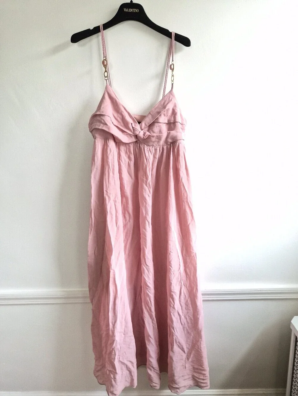 New Zara Thin Metal/Stone Straps V-Neck Pleated Fabric Marsala Midi Dress Small